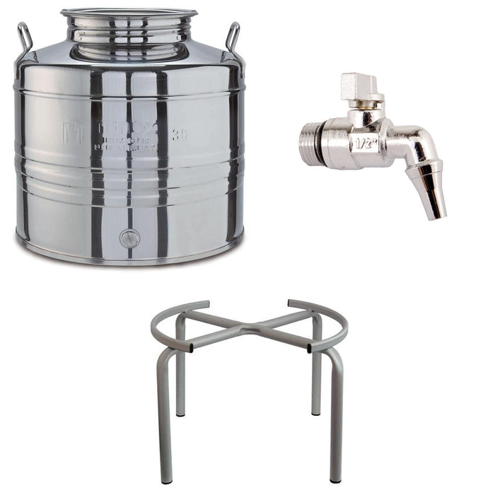 Contenitore Bidone Fusto In Acciaio Inox per Olio 15/30/50 Litri con Rubinetto e Supporto Portafusto Incluso