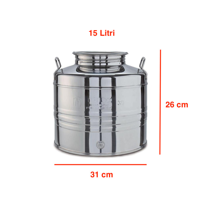 Contenitore Bidone Fusto In Acciaio Inox per Olio 15/30/50 Litri con Rubinetto e Supporto Portafusto Incluso