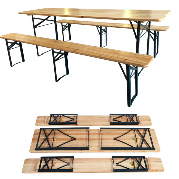 Set Birreria Tavolo + 2 Panche in Legno Naturale Richiudibile Salvaspazio fino a 10 persone