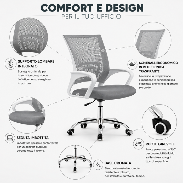 Sedia Ufficio Ergonomica con Schienale in Rete Traspirante, Seduta Imbottita in Tessuto Altezza Regolabile Base Cromata