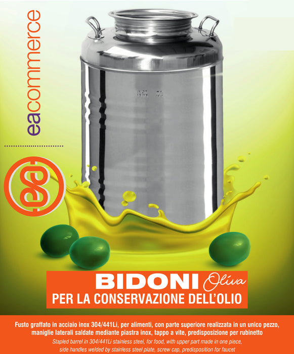 Contenitore Bidone Fusto in Acciaio Inox per Olio con Predisposizione per Rubinetto