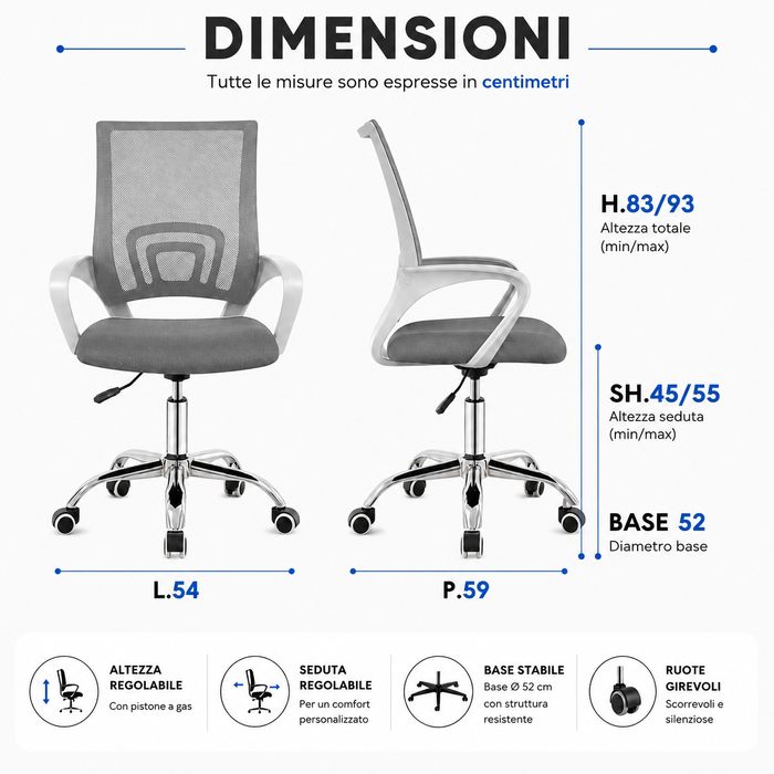 Sedia Ufficio Ergonomica con Schienale in Rete Traspirante, Seduta Imbottita in Tessuto Altezza Regolabile Base Cromata