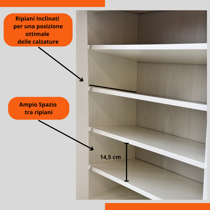 Scarpiera 4 ripiani, 2 ante, 1 cassetto in Legno melaminico 63x33x95H cm con Ripiani inclinati