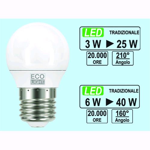 Lampadine Ecolight Led Mini Globo - E 14 - 3 Watt - 3000 K - Luce Calda - Lumen 250
