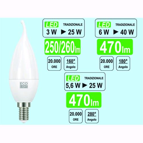 Lampadine Ecolight Led Colpo di Vento - E14 - 3 Watt - 6400 K - Luce Fredda - Lumen 260
