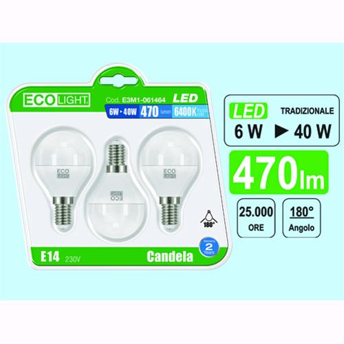 LAMPADINE ECOLIGHT LED E14 M/GL.  6W 6400K CF3PZ