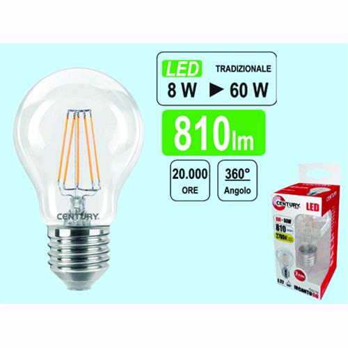 LAMPADINE CENTURY LED FIL. E27 SFERA 8W 2700K